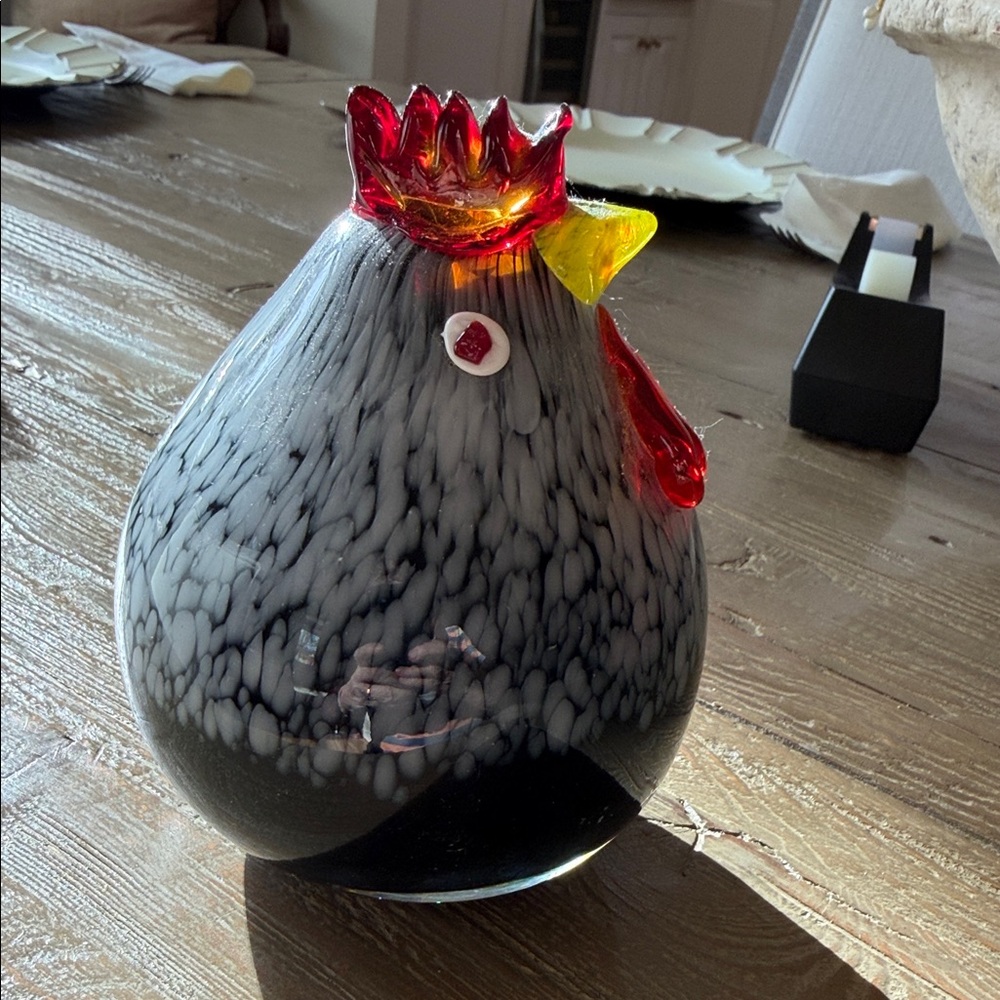Murano style Handblown Glass Rooster Figurine in Black, White and Red, Yellow